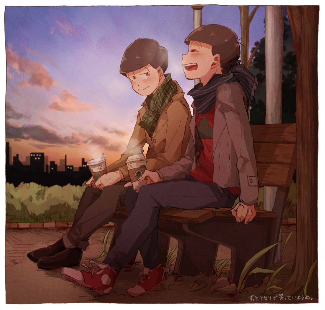 2boys, alternate_costume, bench, brothers, brown_hair, cheeeeezi, city, coat