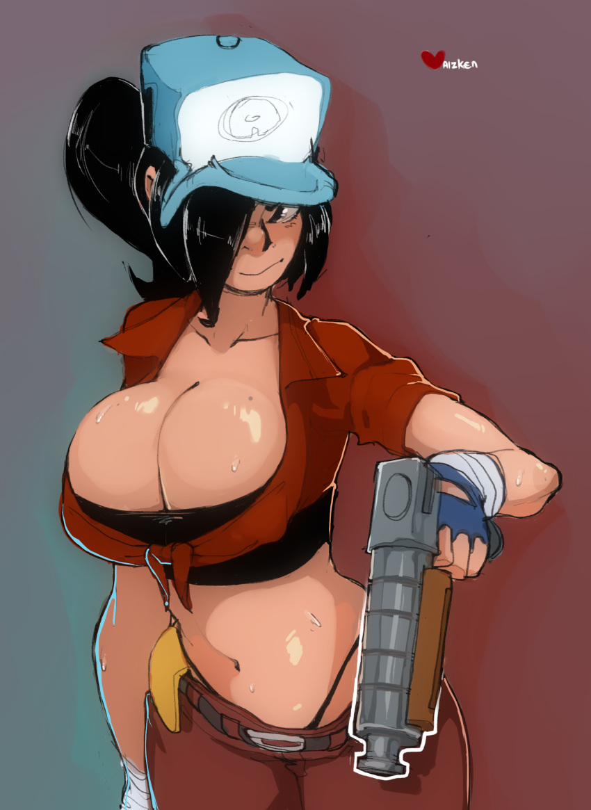 1girl, absurdres, black_hair, breasts, cleavage, fingerless_gloves, gloves, gun, handgun, hat, highres, huge_breasts, long_hair, maiz, mercenary_kings, midriff, mole, navel, pistol, ponytail, solo, sweat, weapon