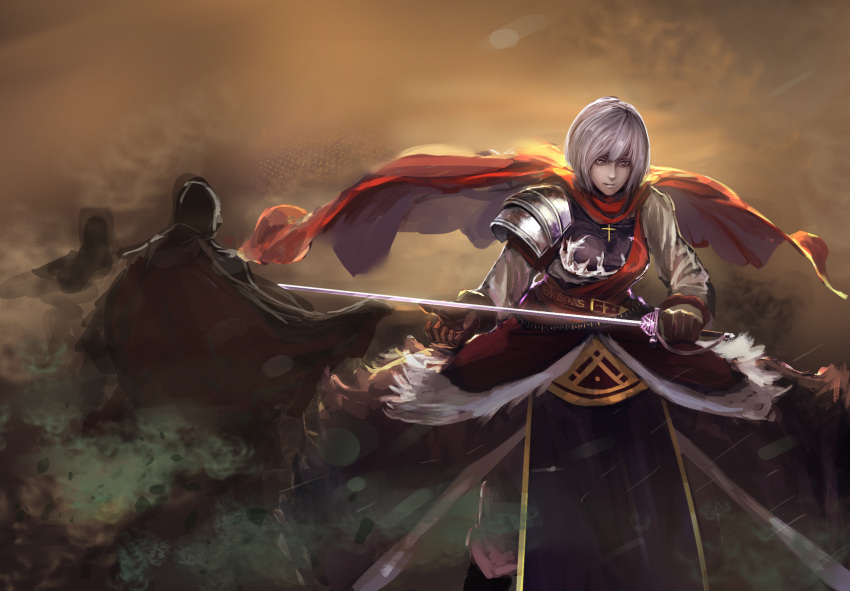 1girl, armor, armored_dress, bangs, belt, boots, breastplate, brown_gloves, closed_mouth, cross, dust, fur_trim, gloves, grey_eyes, highres, holding_sword, holding_weapon, hood, kikimifukuri, knight, lipstick, long_sleeves, makeup, original, overskirt, pants, pauldrons, rain, red_cape, sash, short_hair, silver_hair, silver_lipstick, smoke, solo_focus, sword, unsheathed, weapon