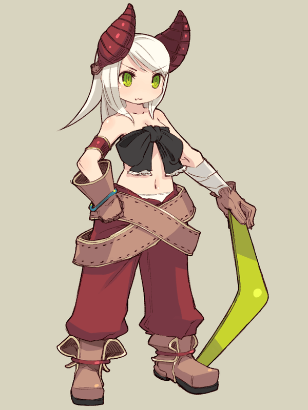 boomerang, boots, bow, gloves, green_eyes, horns, mota, navel