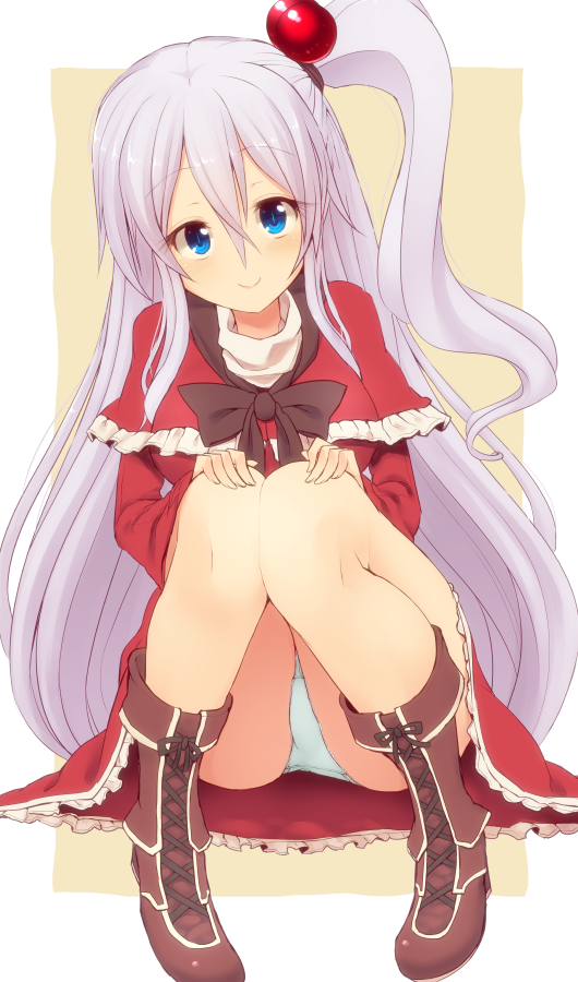1girl, ass, blue_eyes, blush, boots, capelet, commentary_request, cross-laced_footwear