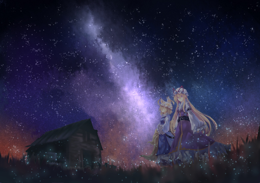 2girls, adapted_costume, blonde_hair, breasts, colored_eyelashes, commentary_request, dress, expressionless