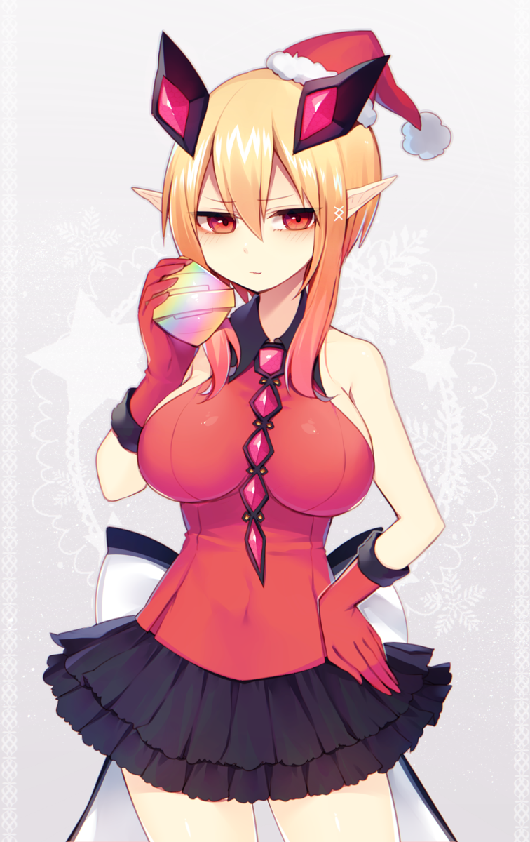 1girl, :/, blonde_hair, breasts, christmas, cowboy_shot, dark_falz_apprentice, gloves