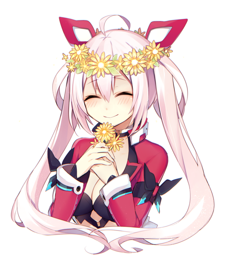 1girl, ^_^, ahoge, breasts, cleavage, closed_eyes, flower, hair_between_eyes