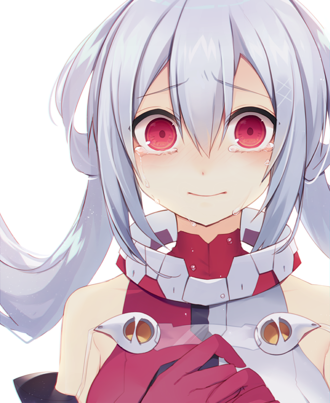1girl, crying, crying_with_eyes_open, gloves, hair_between_eyes, hair_rings, hands_on_own_chest, innocent_one, long_hair, looking_at_viewer, matoi_(pso2), muryou, phantasy_star, phantasy_star_online_2, portrait, red_eyes, red_gloves, silver_hair, solo, tears, twintails