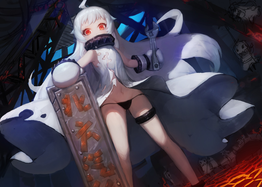 1girl, absurdres, ahoge, black_panties, dress, gods_(1073337800), highres, holding
