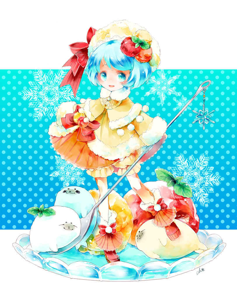 1girl, bloomers, blue_background, blue_eyes, blue_hair, blush, bow, chion_(yukina)