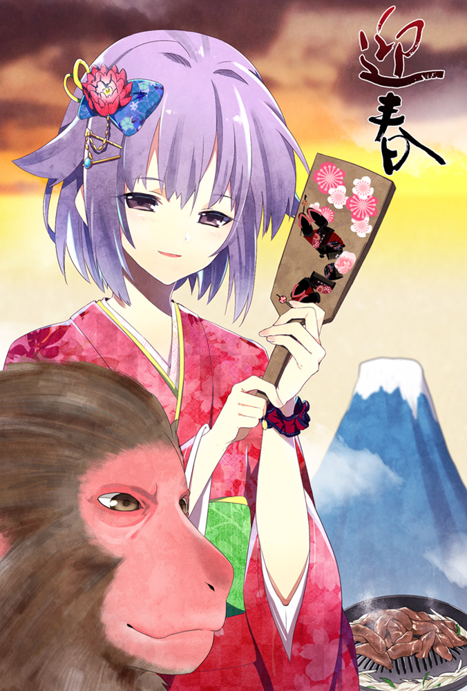 1girl, blush, brown_eyes, hagoita, hair_ornament, hibachi_(object), idolmaster, idolmaster_cinderella_girls, japanese_clothes, koshimizu_sachiko, monkey, mountain, new_year, paddle, purple_hair, short_hair, smile, solo, yakou_(innocent_chapel)