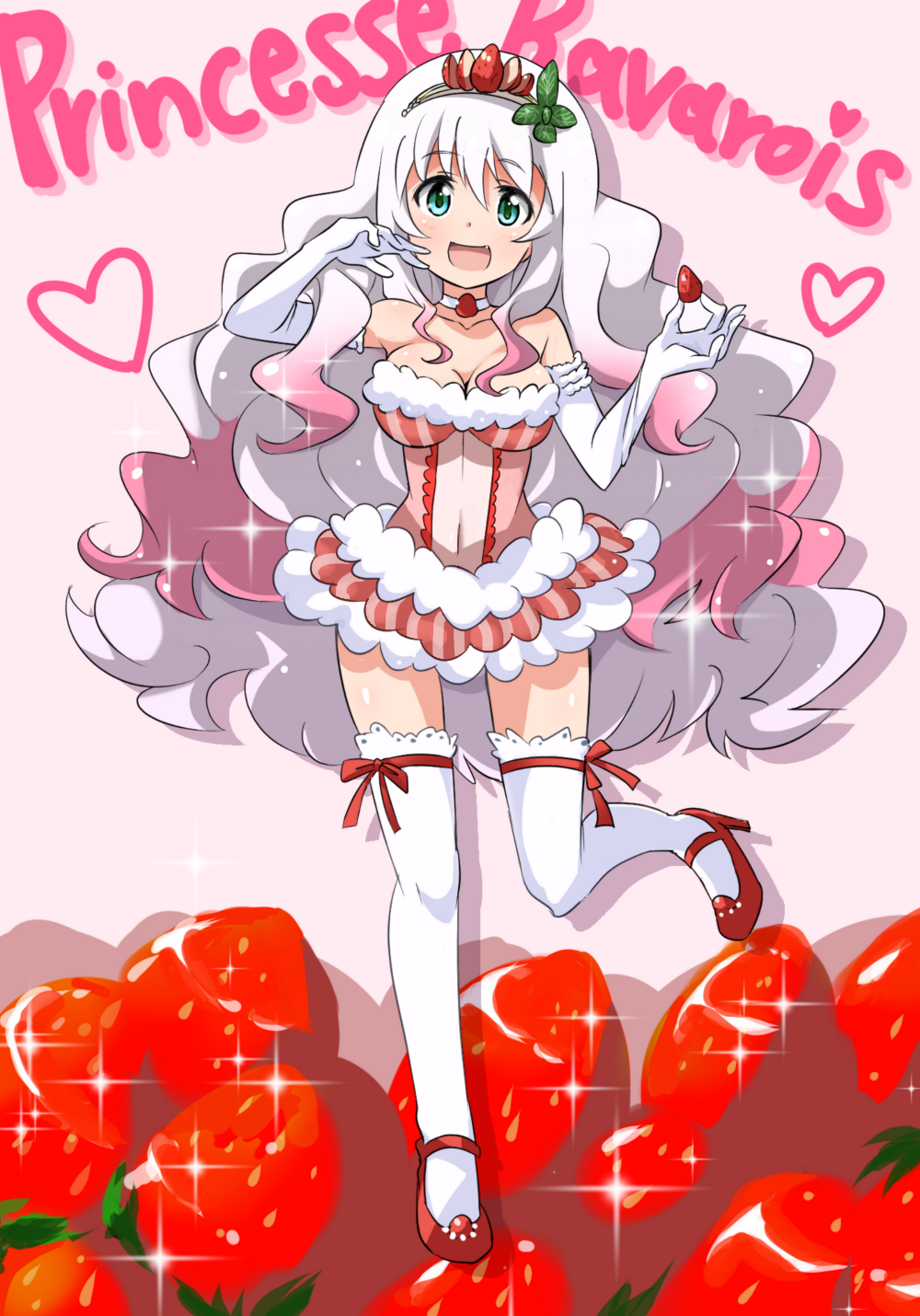 1girl, :d, bavarois, breasts, choker, cleavage, elbow_gloves, food, food_as_clothes, fruit, full_body, gloves, green_eyes, hair_ornament, hairband, heart, highres, long_hair, looking_at_viewer, mary_janes, miniskirt, multicolored_hair, open_mouth, original, personification, pink_hair, pocketland, red_shoes, shoes, skirt, smile, solo, standing_on_one_leg, strawberry, strawberry_hair_ornament, streaked_hair, thigh-highs, white_gloves, white_hair, white_legwear, yumekaranigeruna