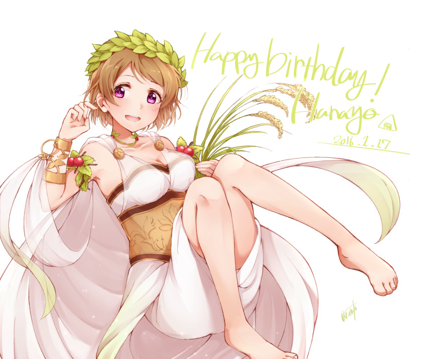 1girl, armband, bare_shoulders, barefoot, bracelet, breasts, brown_hair, cape