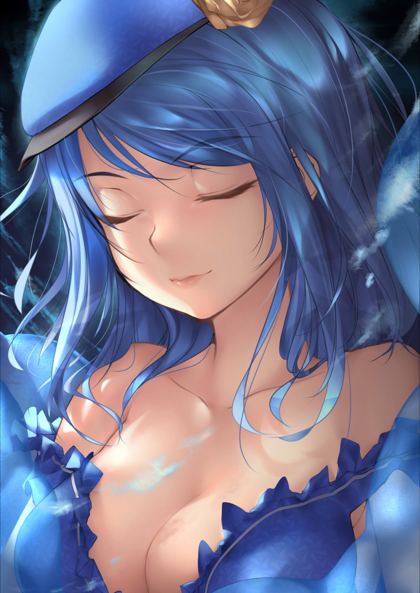 1girl, absurdres, bare_shoulders, blue_dress, blue_hair, blue_hat, blush, breasts
