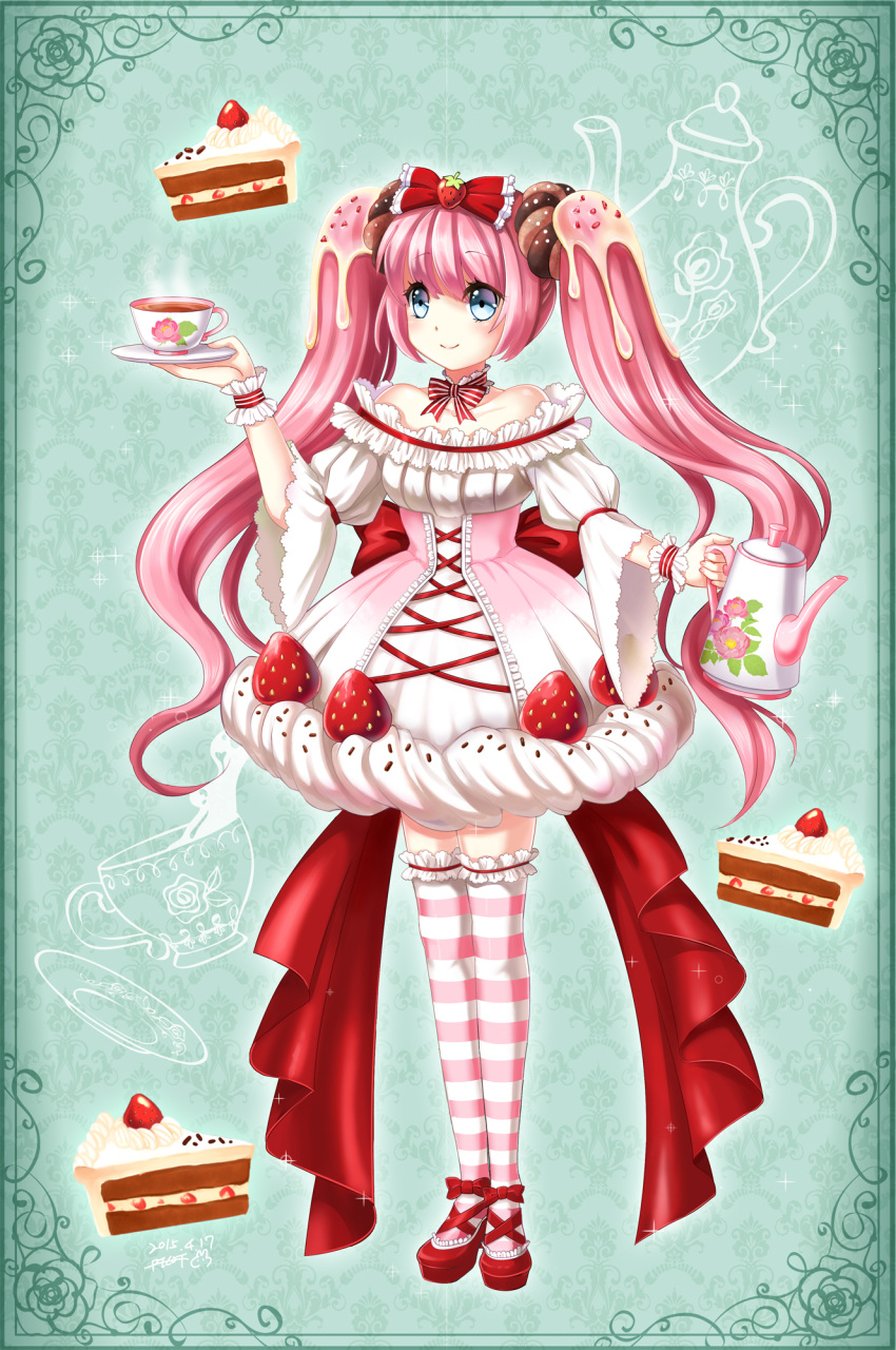1girl, bare_shoulders, blue_eyes, bow, cake, choker, collarbone, cup