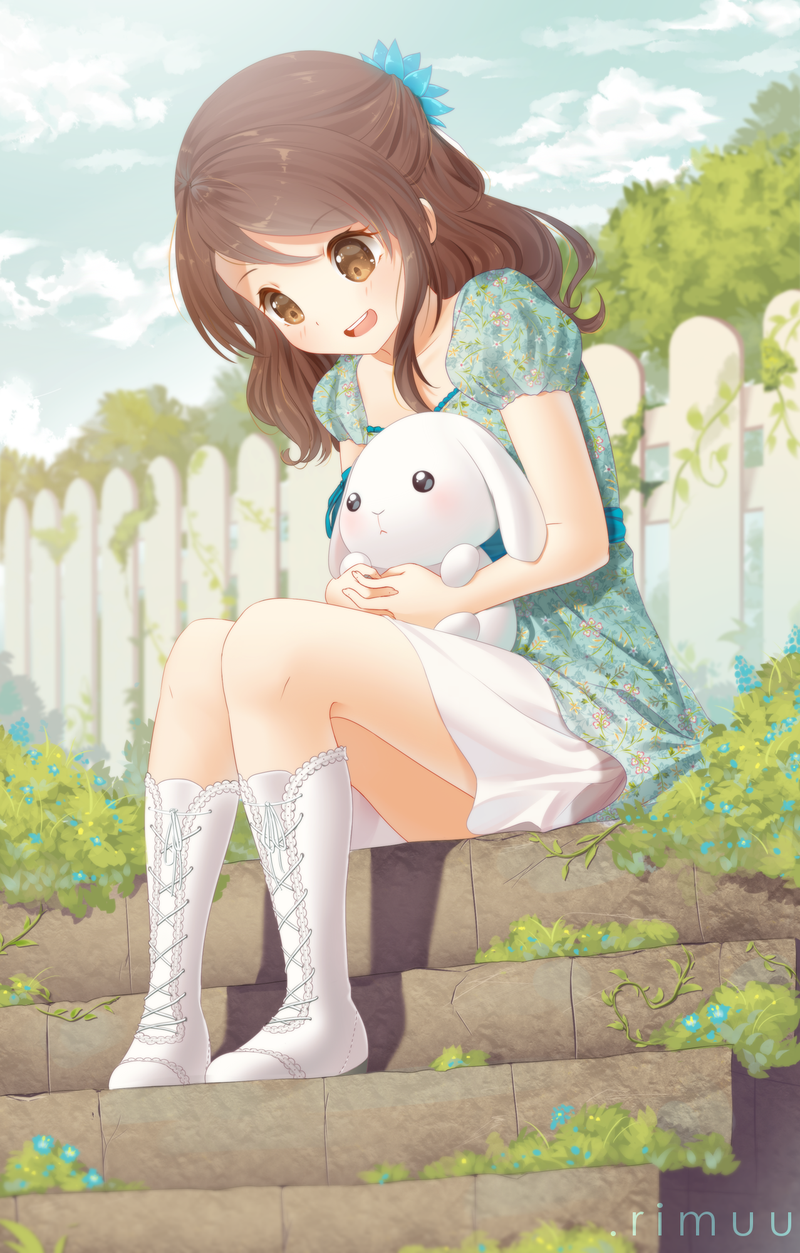 1girl, :<, :d, animal, artist_name, black_eyes, blouse, blue_flower