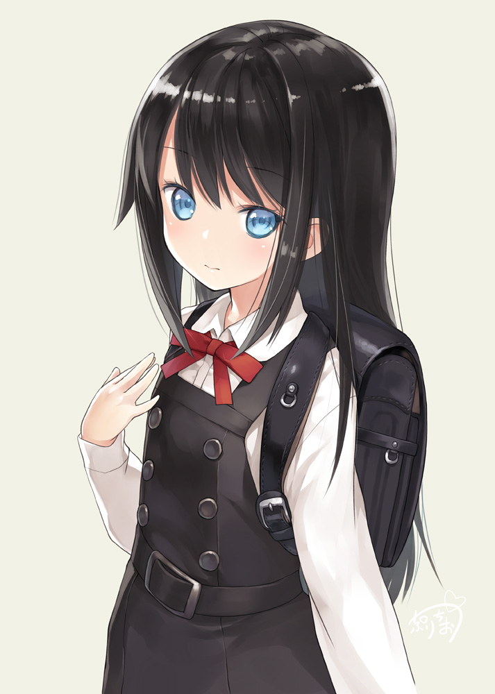 1girl, asashio_(kantai_collection), backpack, bag, black_dress, black_hair, blue_eyes, collared_shirt