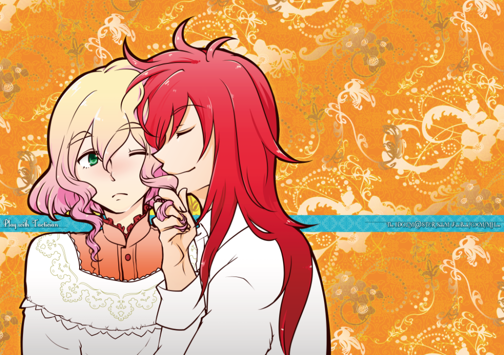 2boys, andou_mario, blonde_hair, blue_eyes, blush, closed_eyes, commentary_request, cover