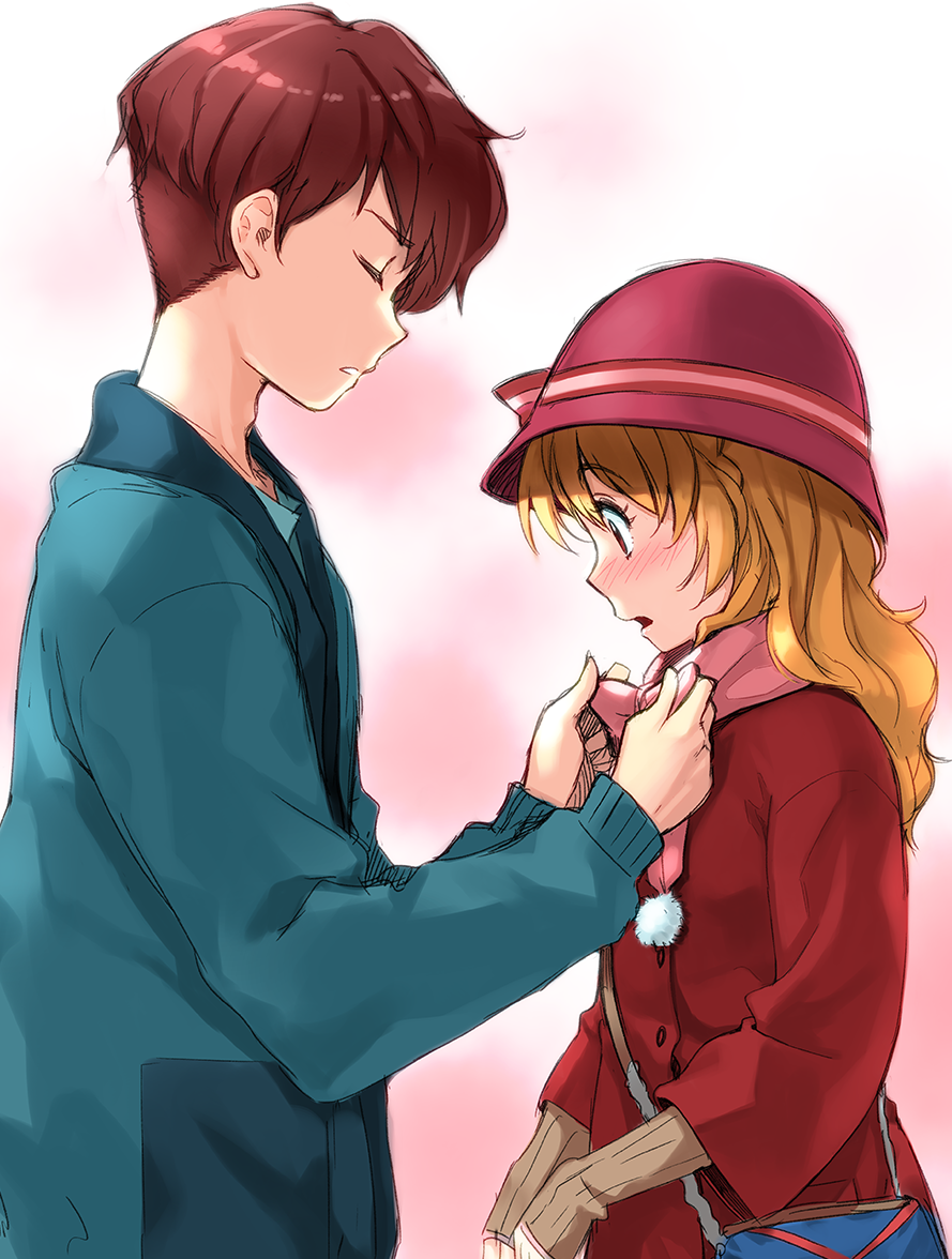 1boy, 1girl, aikatsu!, bag, blush, bow, brown_hair, closed_eyes
