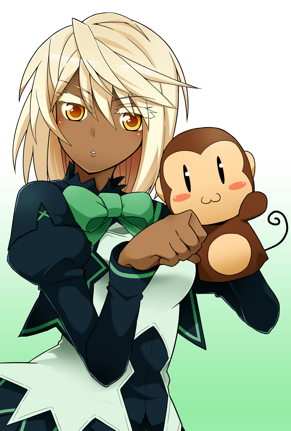 1girl, alternate_costume, blonde_hair, bow, commentary_request, dark_skin, eyebrows, eyebrows_visible_through_hair
