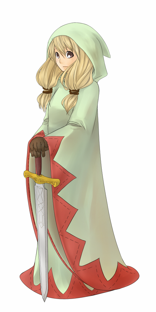 1girl, blonde_hair, braid, final_fantasy, final_fantasy_tactics, gloves, hat, hood, kyokusetu, long_hair, robe, smile, solo, sword, tagme, twin_braids, twintails, weapon, white_mage, white_mage_(fft)