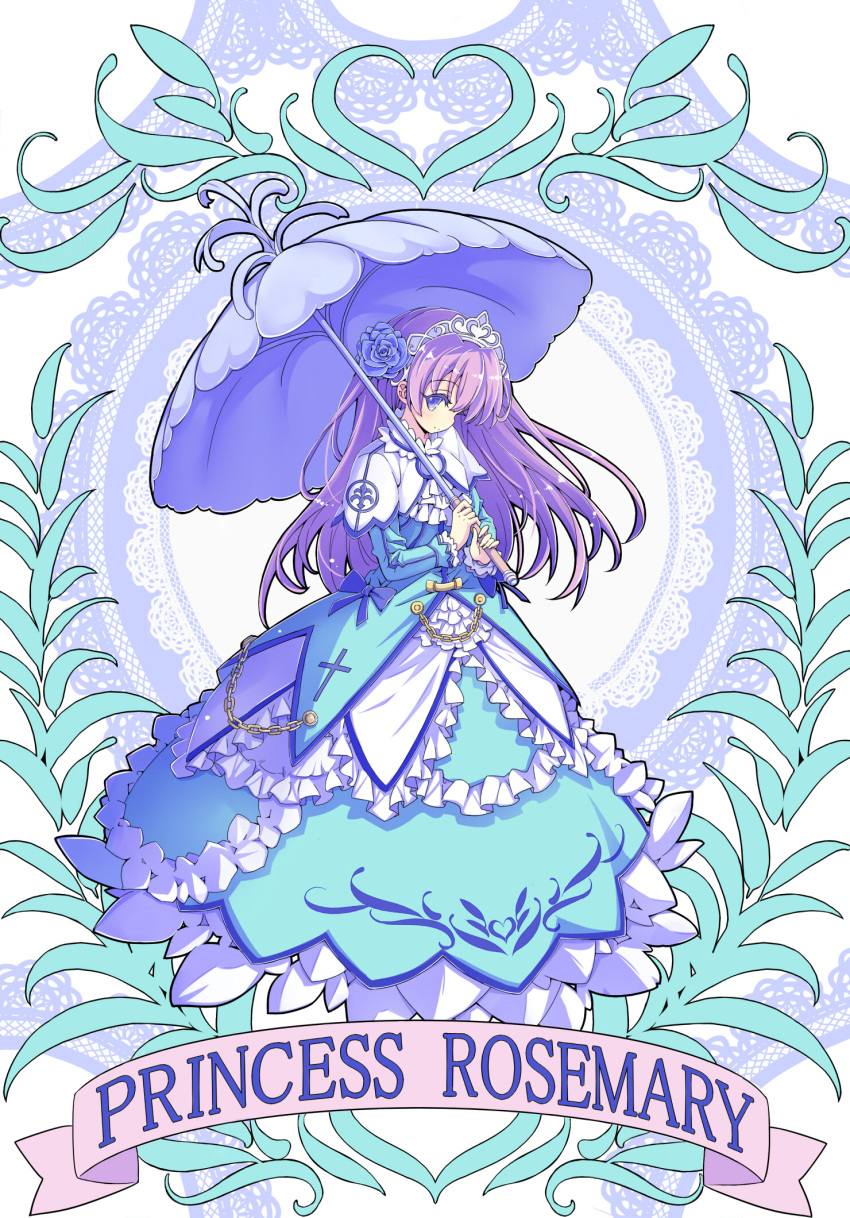 1girl, blue_bow, blue_dress, blue_eyes, blue_rose, bow, chain, dress