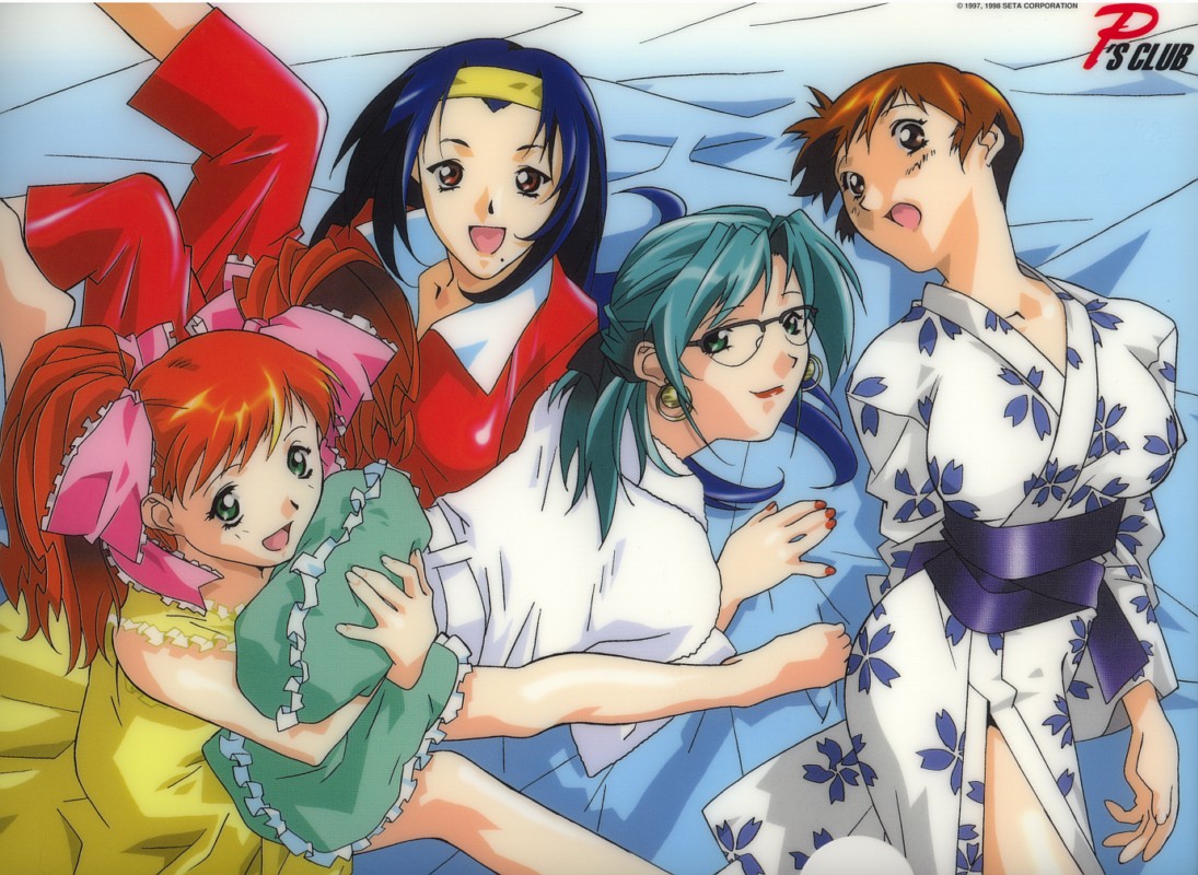 aqua_hair, asahina_natsuki, asahina_yurina, blue_hair, brown_eyes, brown_hair, earrings, glasses