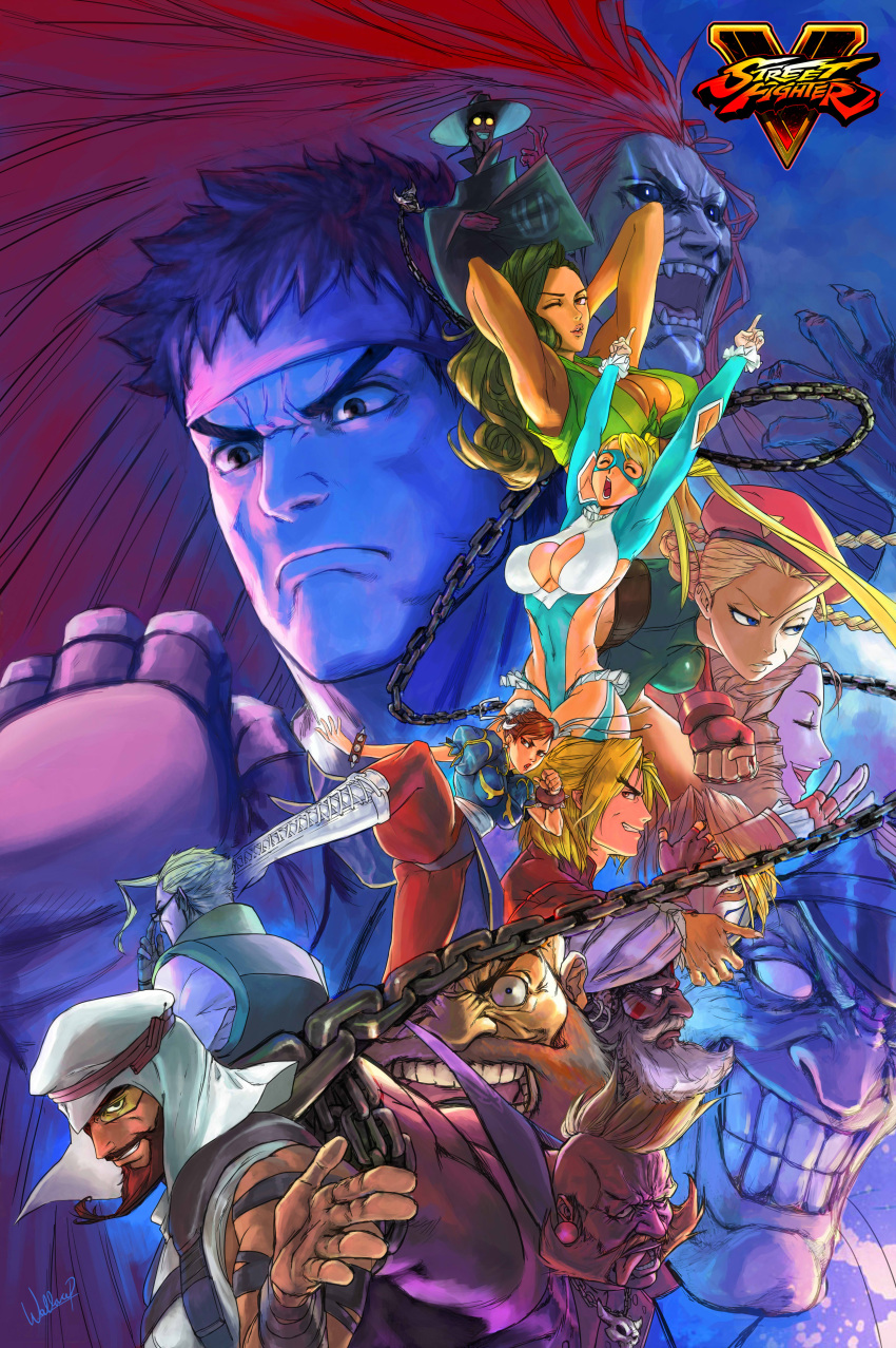5girls, 6+boys, absurdres, balrog, beard, beret, birdie_(street_fighter), black_hair