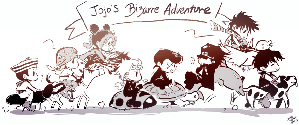 artist_name, bird, braid, butterfly, chain, chibi, coat, copyright_name, crying, dated, dixie_cup_hat, dog, dolphin, double_bun, fingerless_gloves, giorno_giovanna, gloves, hat, higashikata_jousuke, higashikata_jousuke_(jojolion), horse, horseback_riding, horseshoe, johnny_joestar, jojo_no_kimyou_na_bouken, jojolion, jonathan_joestar, joseph_joestar_(young), kuujou_jolyne, kuujou_joutarou, ladybug, laura_maria, military_hat, monochrome, multicolored_hair, pompadour, rhinoceros_beetle, riding, sailor, scarf, signature, steel_ball_run, streaming_tears, striped, striped_scarf, tears, turtle, two-tone_hair