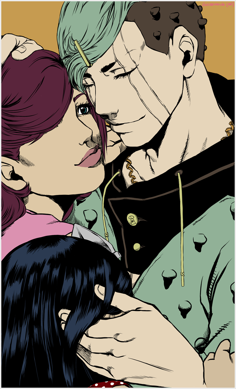 1girl, 2boys, artist_name, black_hair, closed_eyes, facial_mark, family, flat_color, green_eyes, green_hair, group_hug, hair_over_one_eye, higashikata_joubin, higashikata_mitsuba, higashikata_tsurugi, highres, hug, jojo_no_kimyou_na_bouken, jojolion, laura_maria, multiple_boys, purple_hair, signature, smile