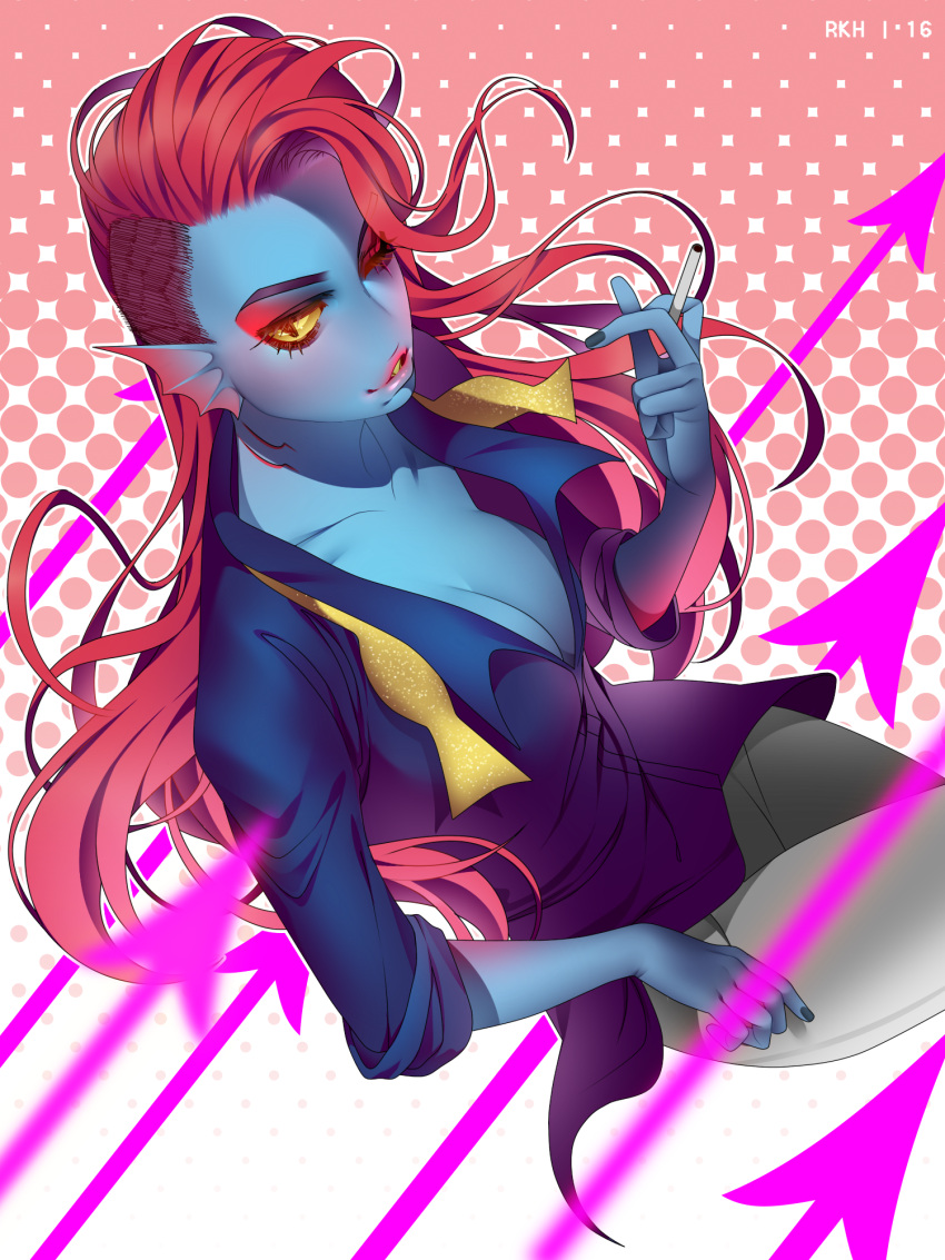1girl, blue_skin, breasts, cleavage, head_fins, highres, lips, monster_girl, redhead, sickly_prince, smoking, undertale, undyne