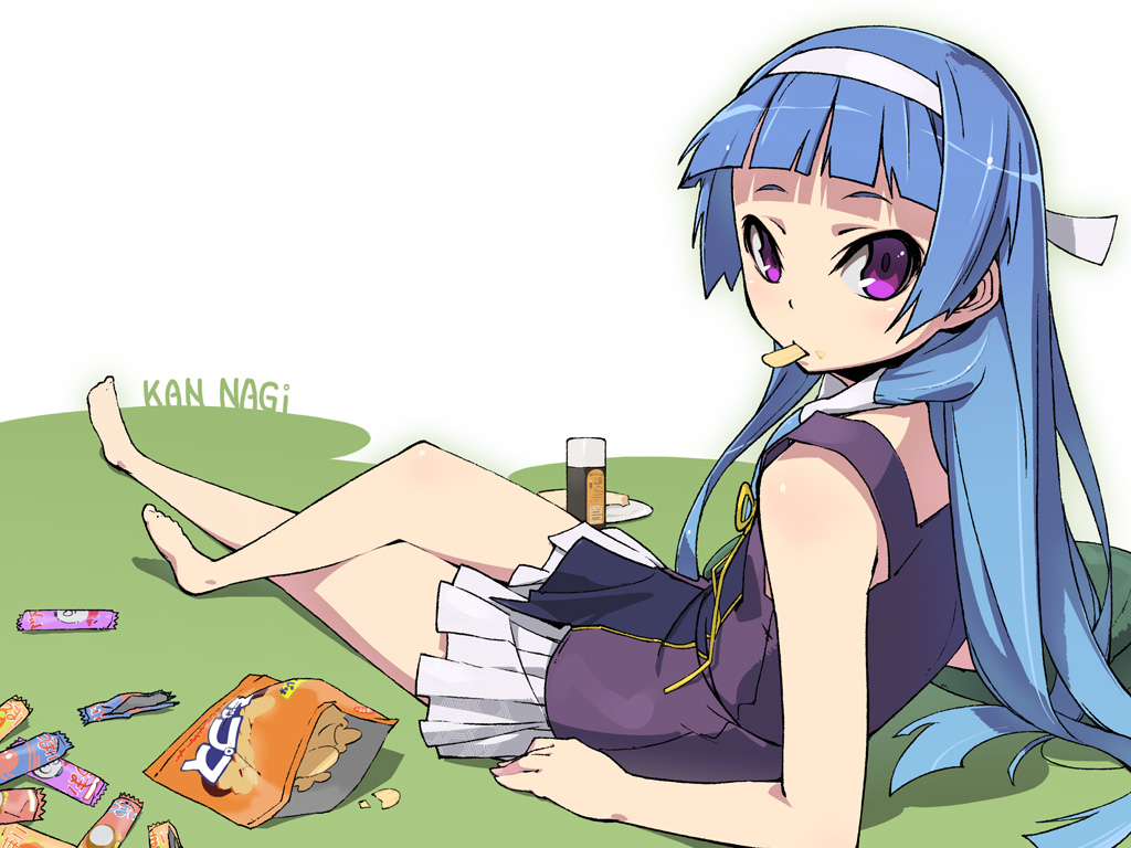1girl, bangs, barefoot, blue_hair, blunt_bangs, copyright_name, dress, eating