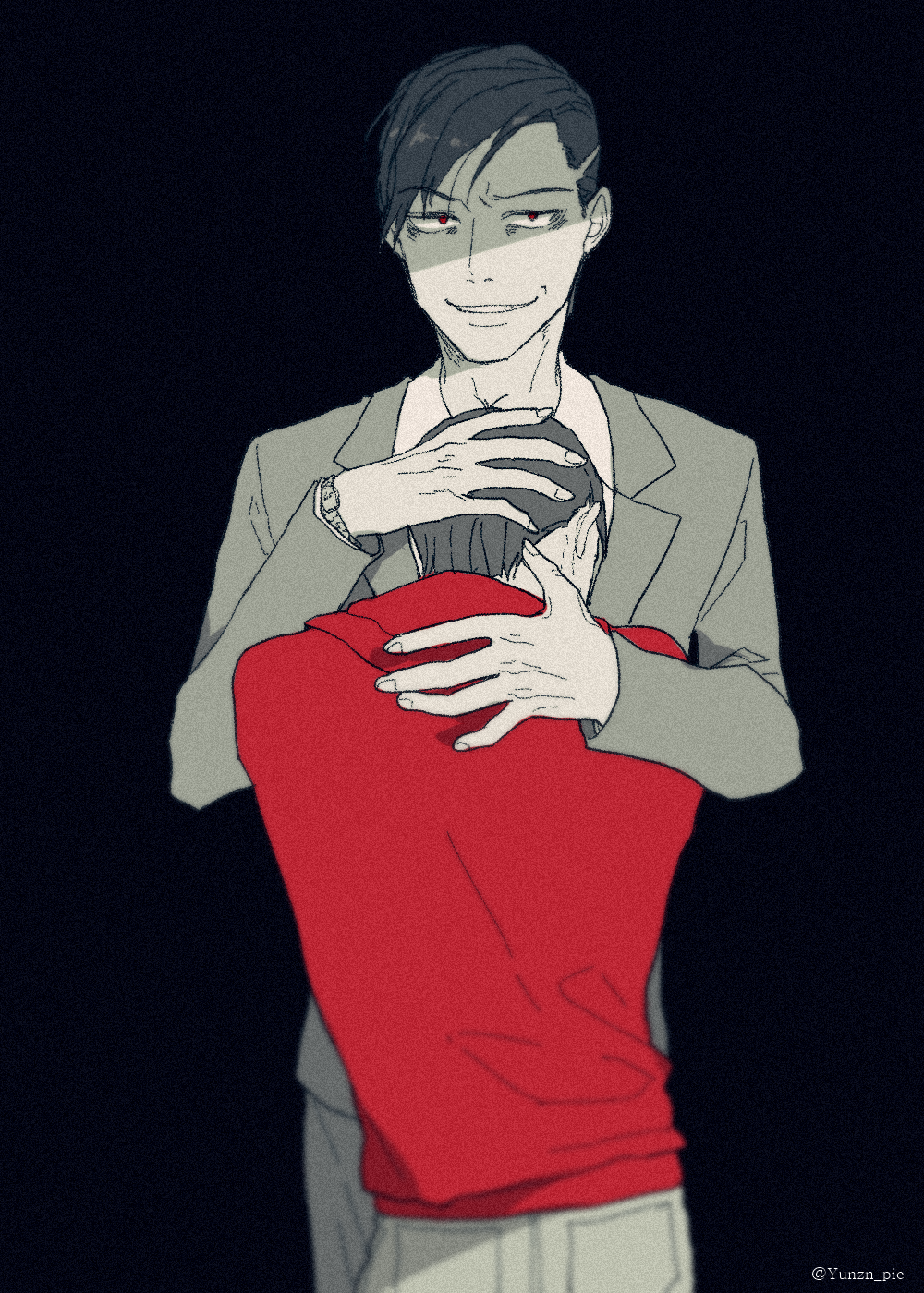 2boys, black_background, denim, evil_grin, evil_smile, formal, grin, highres