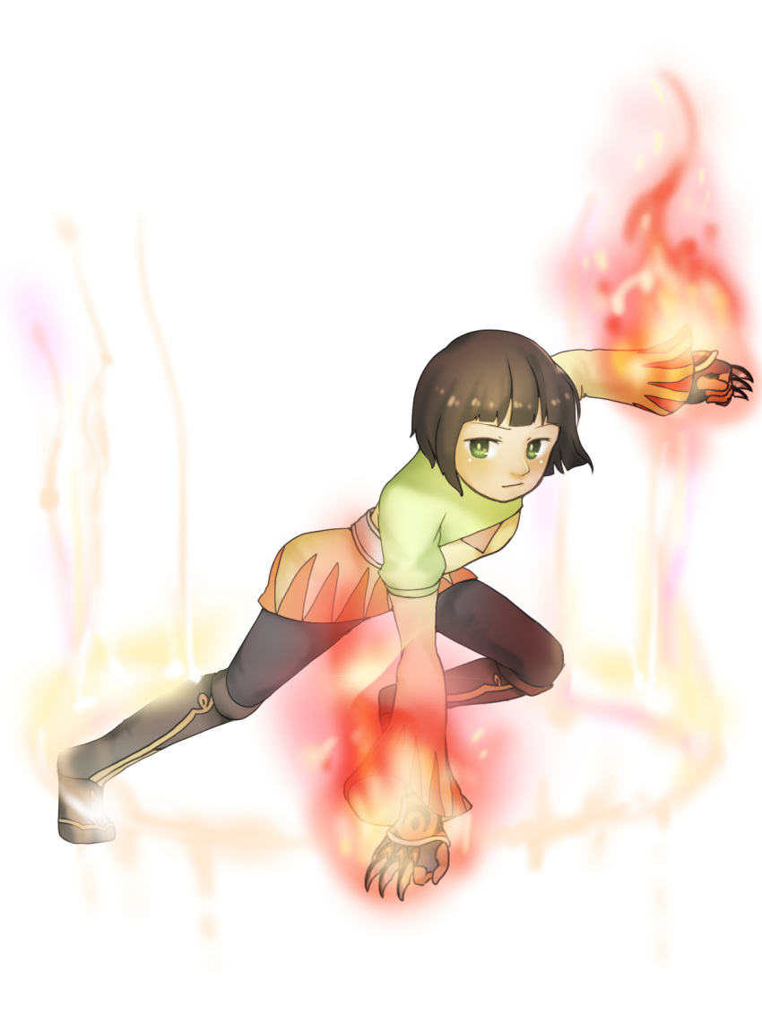 1girl, boots, brown_hair, fighting_stance, final_fantasy, fire, full_body, gloves