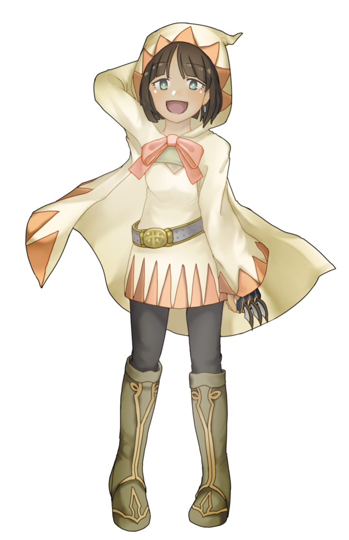 1girl, :d, arm_behind_head, belt, boots, brown_hair, cape, earrings