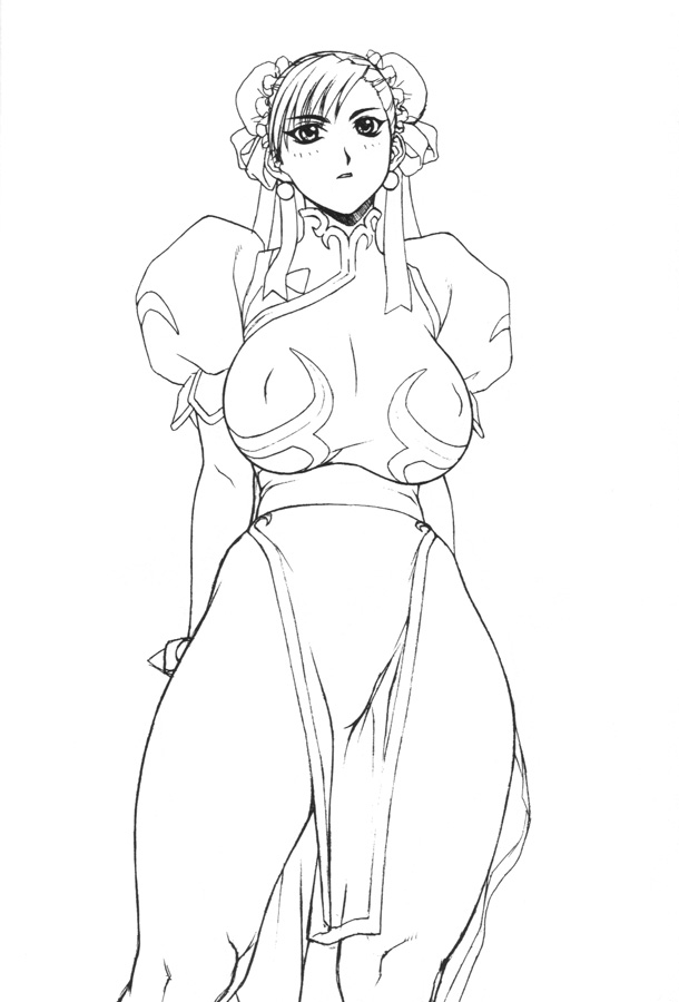 1girl, bracelet, breasts, china_dress, chinese_clothes, chun-li, curvy, detached_sleeves, double_bun, earrings, inoue_takuya, jewelry, large_breasts, looking_up, monochrome, pelvic_curtain, short_hair, short_sleeves, simple_background, spiked_bracelet, spikes, street_fighter, white_background