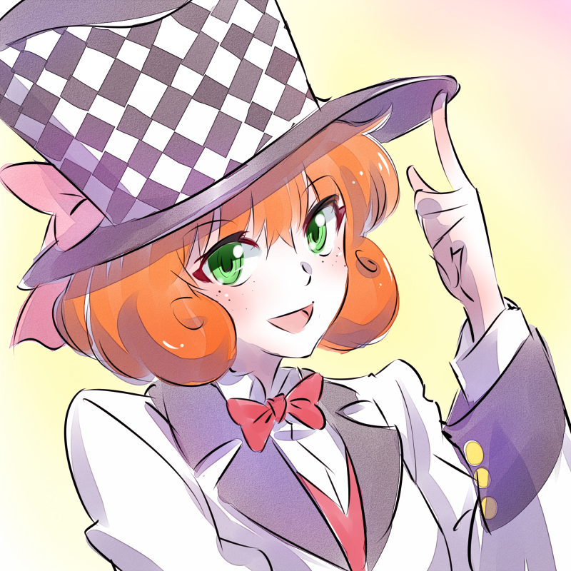 1girl, bowtie, checkered, commentary_request, formal, freckles, green_eyes, hat