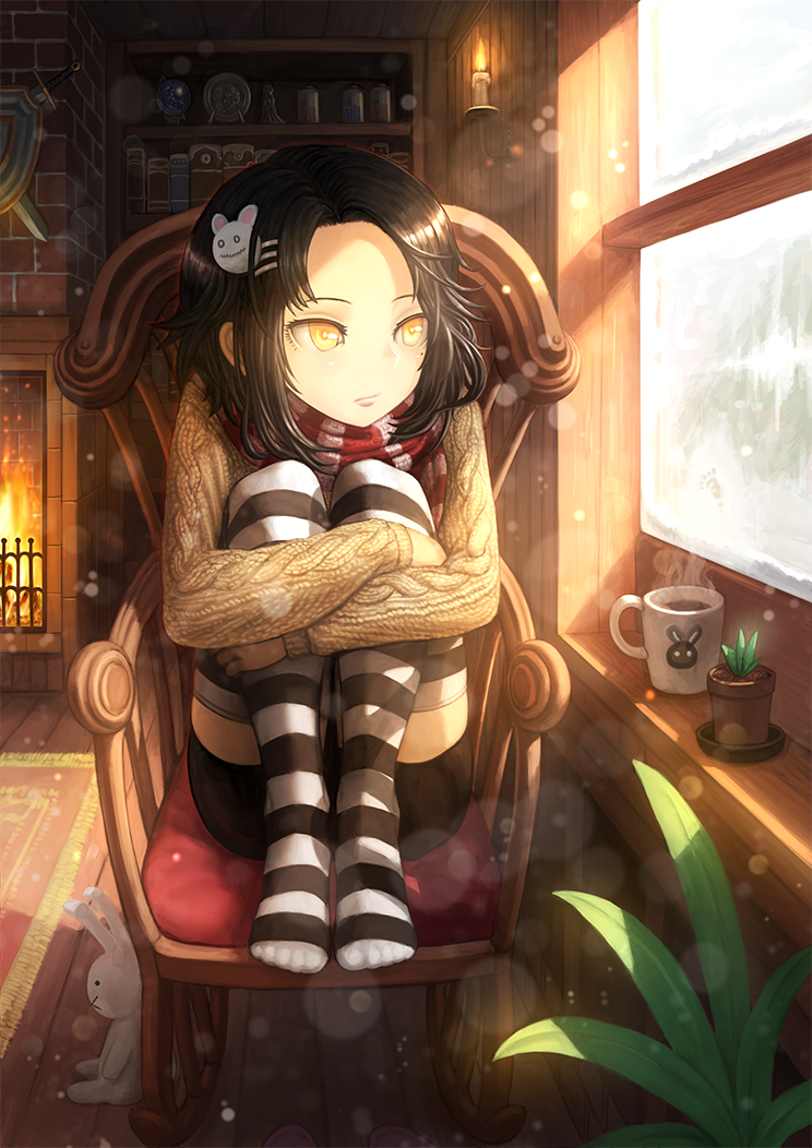 1girl, :x, aran_sweater, banajune, bangs, black_hair, black_shorts, blurry