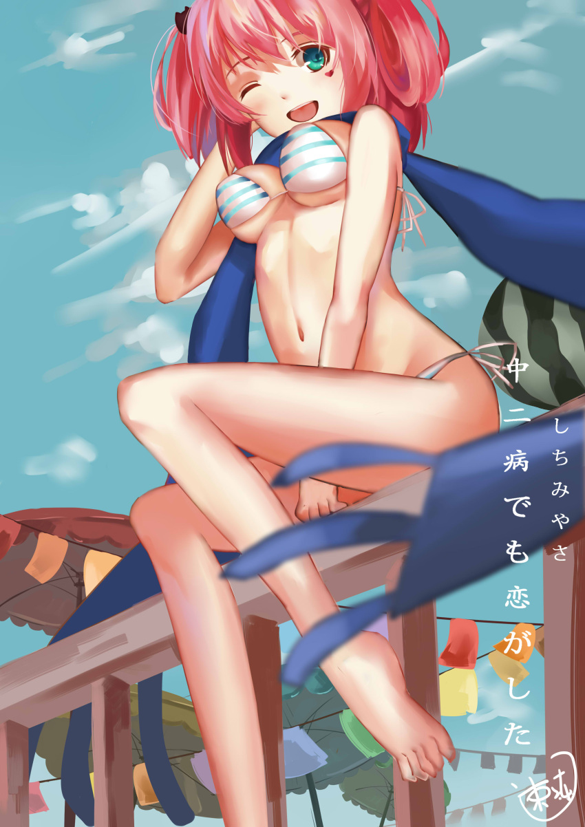 1girl, absurdres, balcony, barefoot, bikini, chuunibyou_demo_koi_ga_shitai!, green_eyes, hair_rings