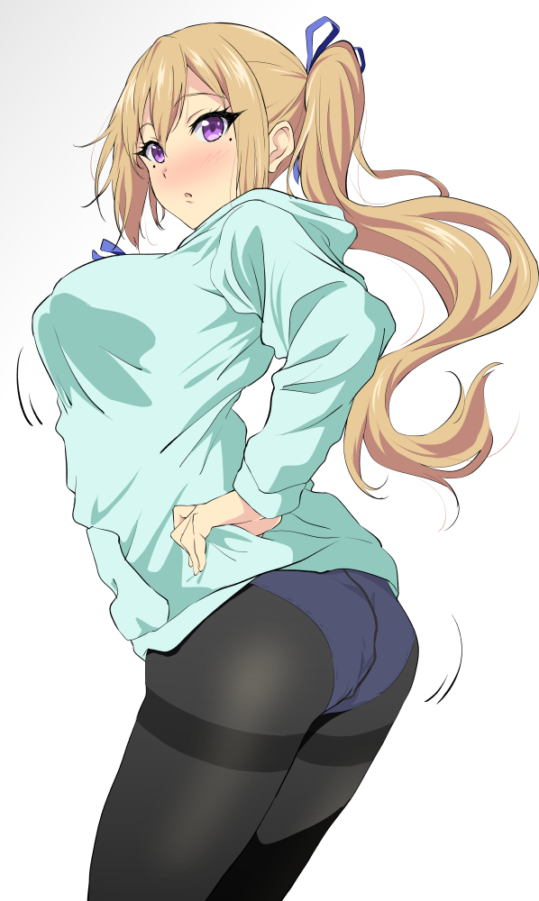 1girl, ass, blonde_hair, blush, breasts, commentary_request, from_behind, hair_ribbon