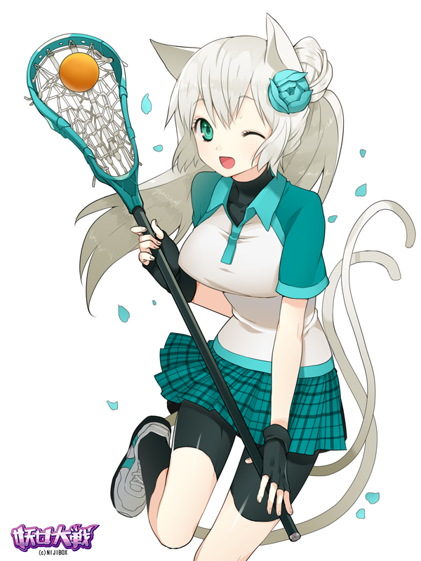 1girl, ;d, animal_ears, ball, bike_shorts, black_gloves, breasts, cat_ears