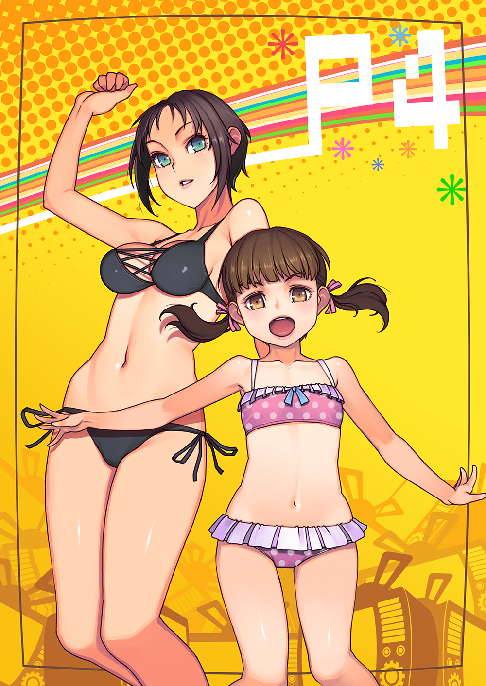 2girls, aqua_eyes, bikini, black_bikini, black_hair, brown_eyes, brown_hair, child