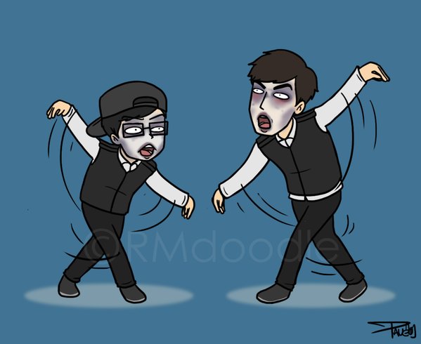 2boys, dancing, glasses, hat, korean, lee_kwang_soo, michael_jackson, multiple_boys, open_mouth, real_life, rmdoodle, running_man, thriller, yoo_jae_seok, zombie