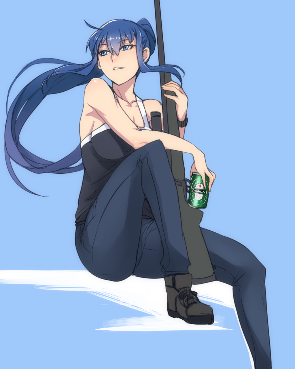 1girl, ban, beer_can, blue_eyes, blue_hair, bolt_action, boots, breasts