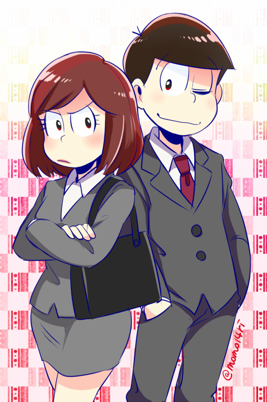 1boy, 1girl, ;), bag, black_hair, brown_hair, crossed_arms, dual_persona, eyelashes, genderswap, gradient, gradient_background, handbag, hands_in_pockets, matsuno_osomatsu, mone_(14ri0000), office_lady, one_eye_closed, osoko_(osomatsu-san), osomatsu-kun, osomatsu-san, salaryman, smile, twitter_username