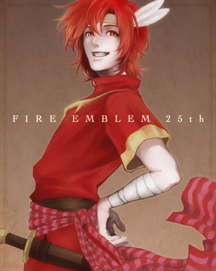 1boy, brown_background, cheine, fe_baragaki05, feathers, fire_emblem, fire_emblem:_mystery_of_the_emblem, red_eyes, redhead, solo, sword, weapon