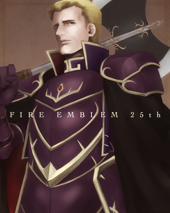 1boy, armor, axe, blonde_hair, brown_background, cape, fe_baragaki05, fire_emblem