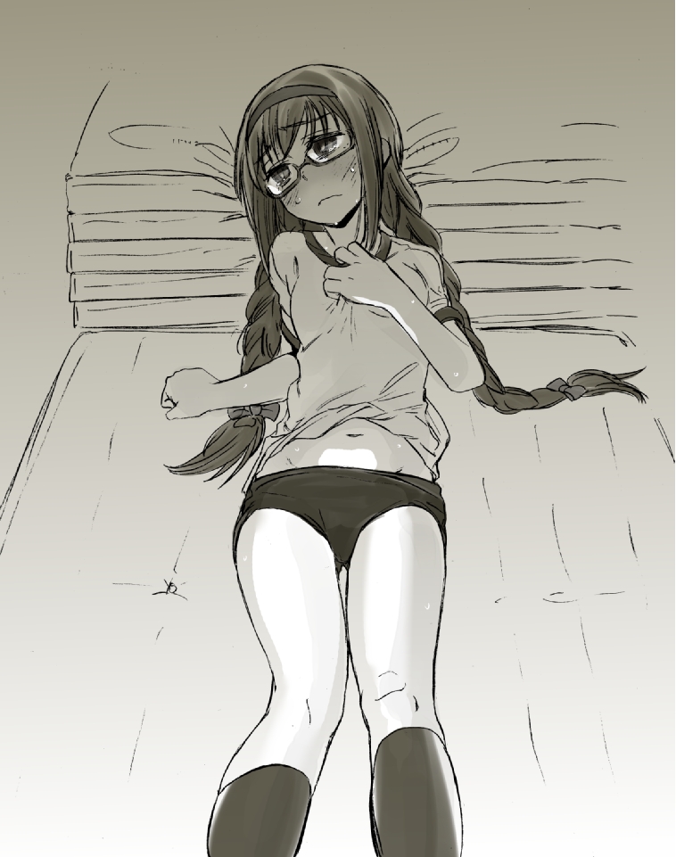 1girl, akemi_homura, braid, buruma, danaka, glasses, gym_uniform, lying