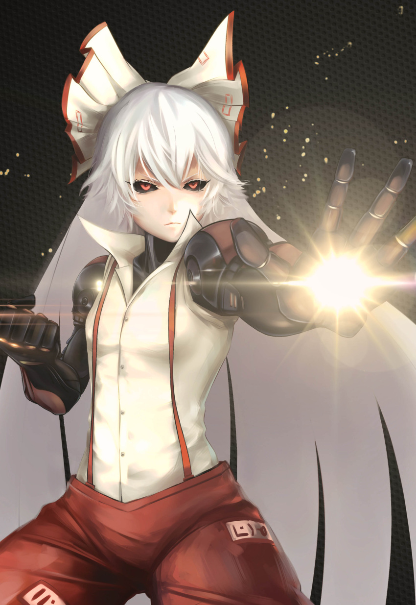 1girl, absurdres, black_sclera, bow, clenched_hand, cyborg, fighting_stance, fujiwara_no_mokou