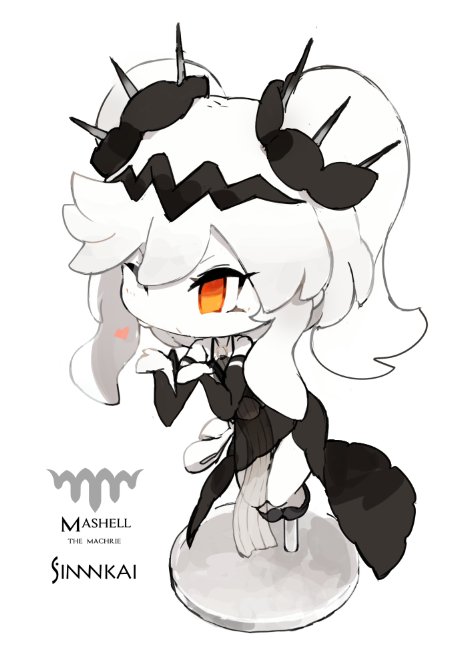 1girl, artist_request, bare_shoulders, black_dress, blown_kiss, character_name, chibi, commentary_request, detached_sleeves, dress, figure, heart, kantai_collection, mashell_(siirakannu), one_eye_closed, orange_eyes, original, see-through, shinkaisei-kan, siirakannu, twintails, white_hair