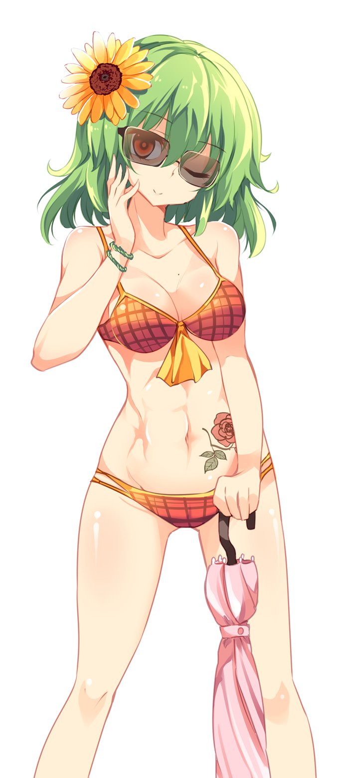 1girl, abs, ascot, bikini, breasts, closed_umbrella, flower, green_hair