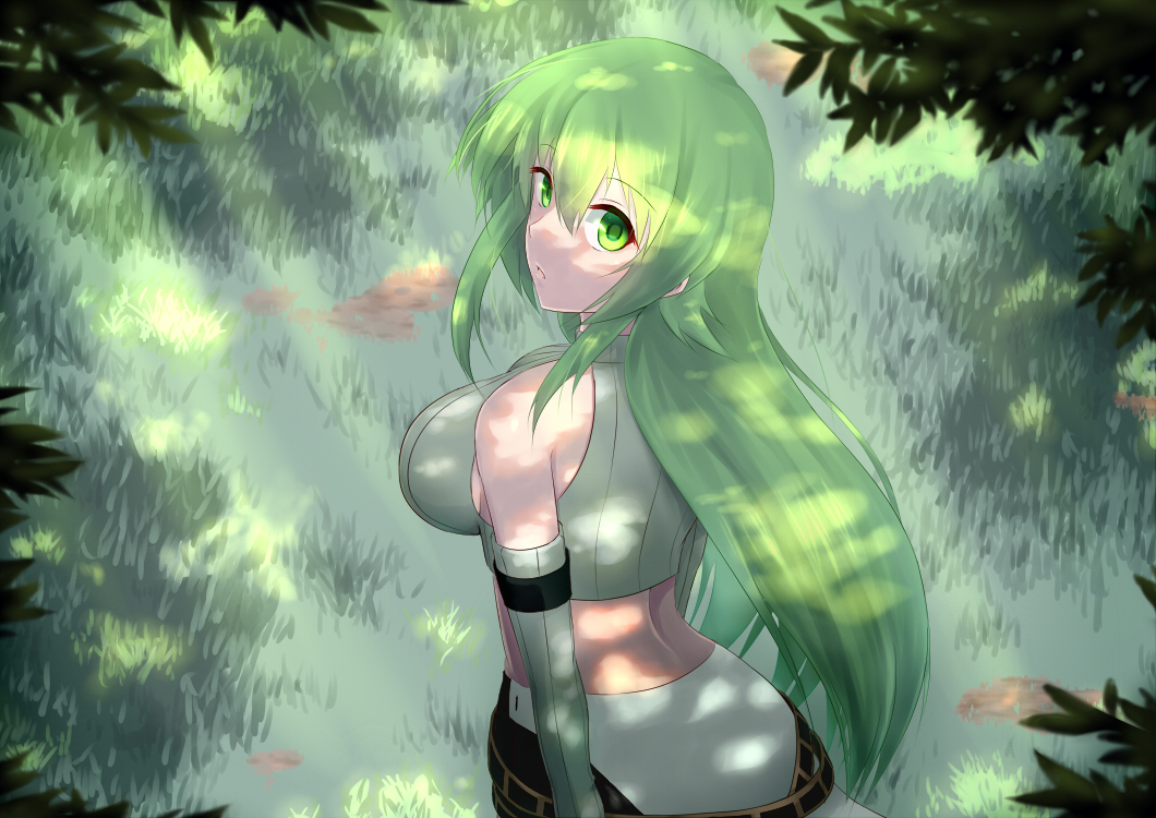 1girl, back, bare_shoulders, breasts, dappled_sunlight, detached_sleeves, grass, green_eyes