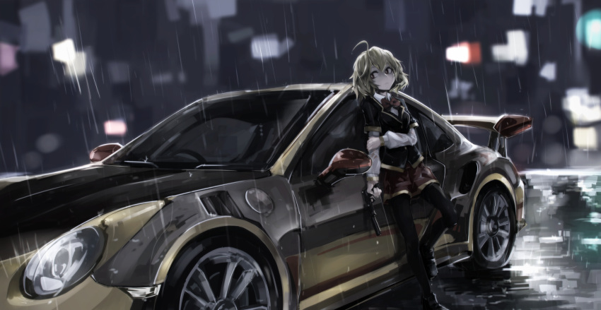 1girl, ahoge, akuma_no_riddle, black_legwear, blonde_hair, car, deel_(rkeg), full_body